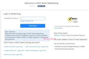 Screenshot of HDFC NetBanking Login page with fields for Customer ID and password 