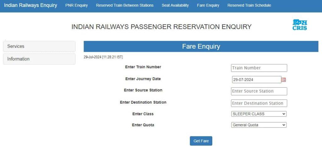 Check Train Fare Enquiry