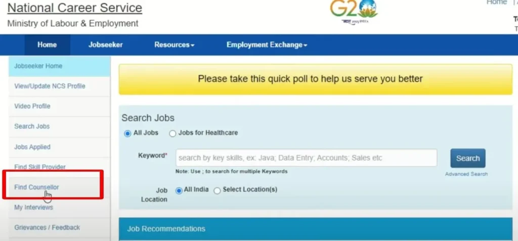 Find Counsellor on NCS Portal