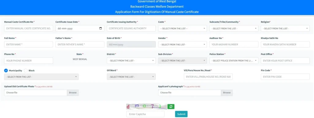 Digitize Certificate For SC ST OBC in West Bengal