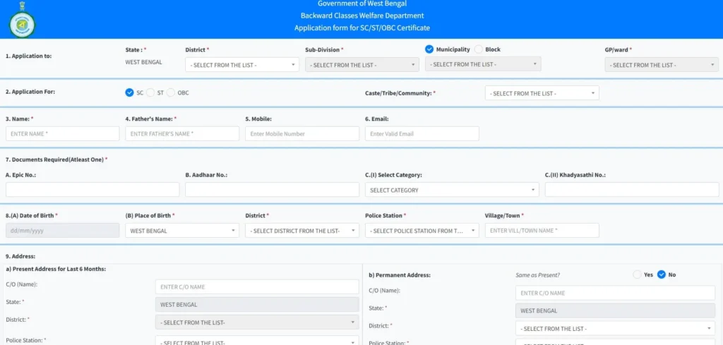SC/ST/OBC Certificate in West Bengal
