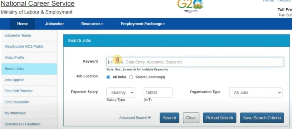 search and apply for jobs on NCS Portal