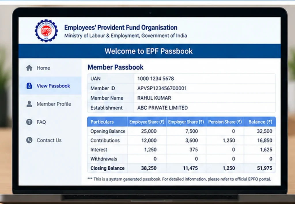 EPF Passbook Detailed View EPF passbook detailed view showing employee, employer and pension contributions