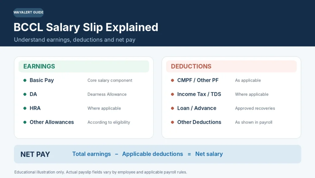 BCCL salary slip components including basic pay, allowances, deductions and net salary.