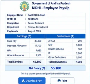 AP Employee Payslip Download PDF AP Employee payslip download PDF showing salary earnings, deductions and net pay