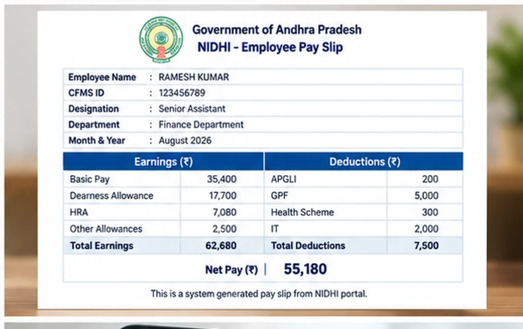 AP NIDHI employee payslip illustration showing earnings and deductions
