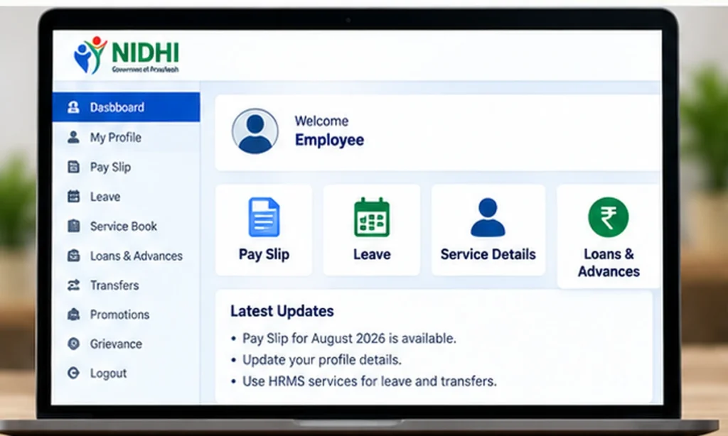 AP NIDHI employee HRMS services including payslip, leave and service details