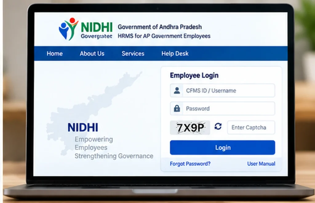 AP NIDHI login illustration with CFMS ID or employee username and password