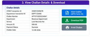CFMS Challan Details and Download CFMS challan details with transaction ID, status, amount and print or download options