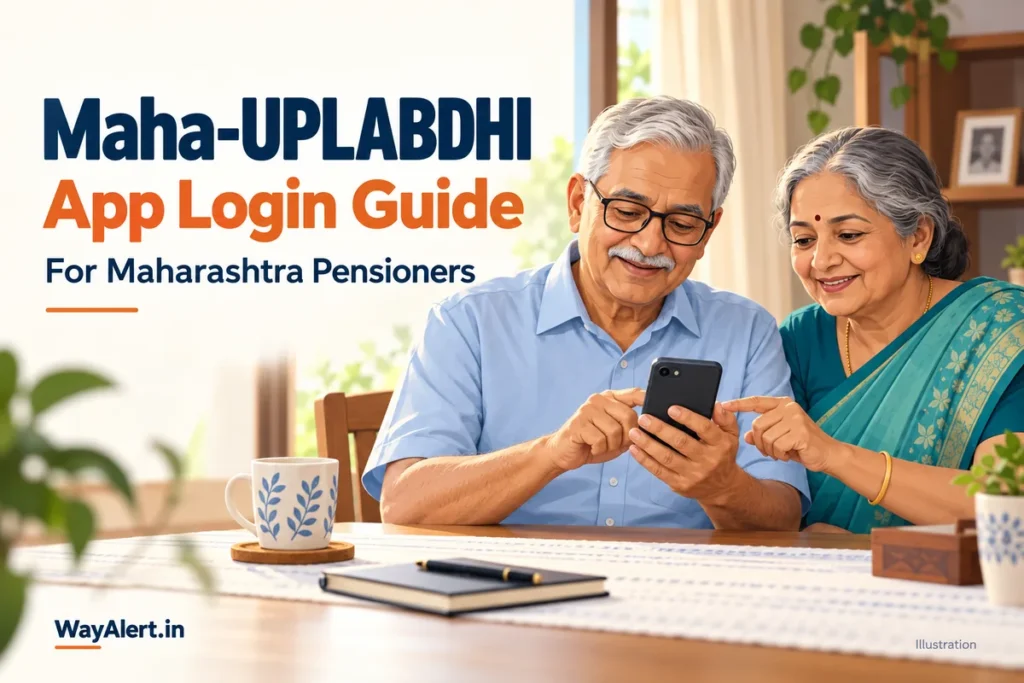 Illustration of an elderly Indian couple using a smartphone for Maharashtra pension services.