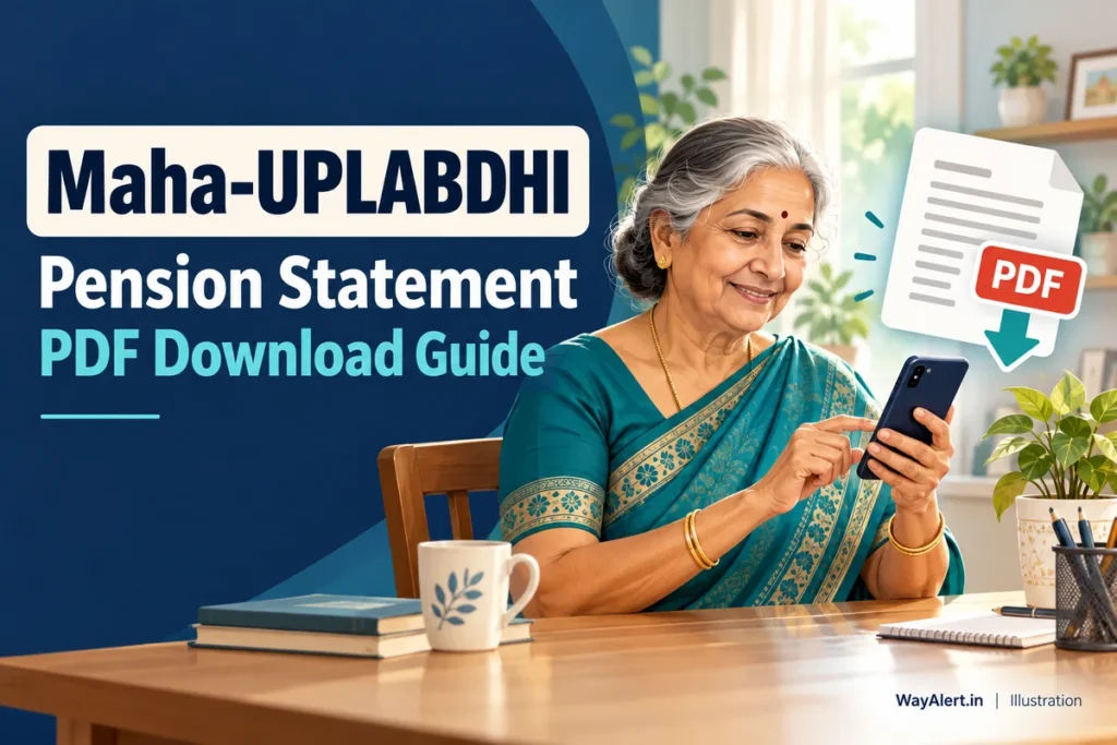 Illustration of a Maharashtra pensioner using a smartphone beside a pension PDF download symbol.