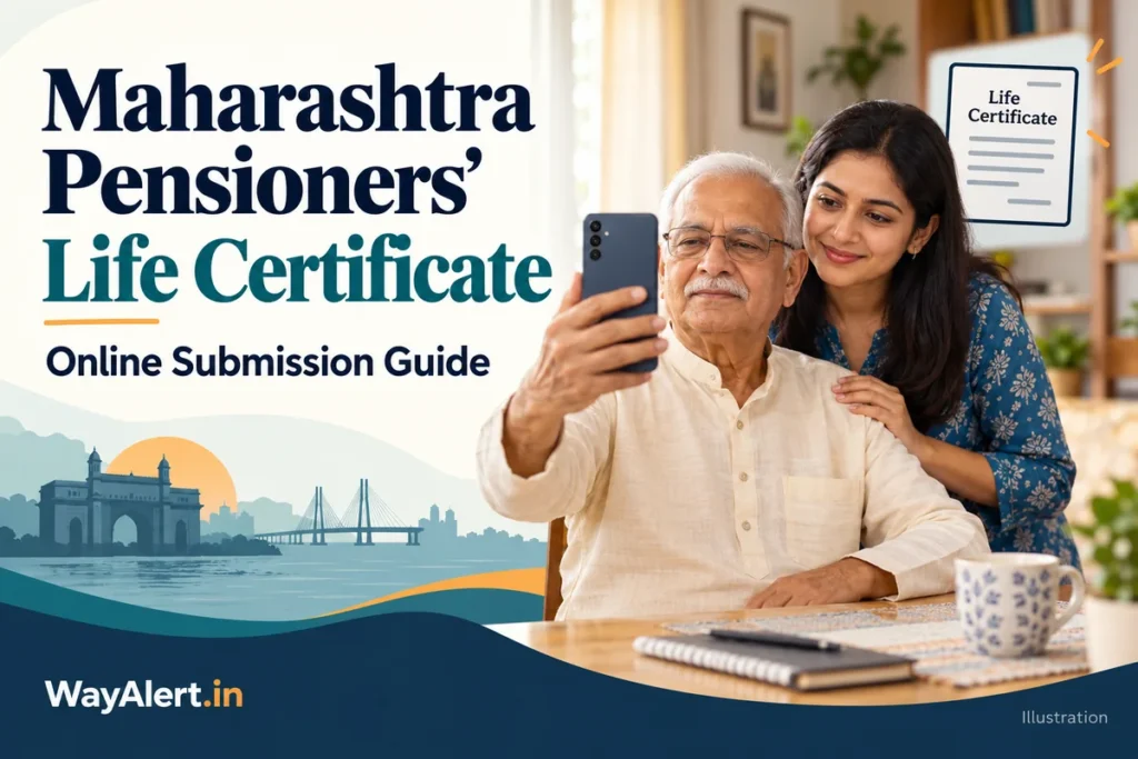 Illustration of an elderly Maharashtra pensioner using a smartphone with help from a family member.